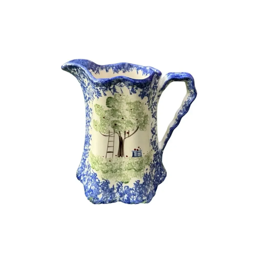 VTG Molly Dallas Blue Spatterware Ohio Folk Apple Tree Pitcher Wavy Handle 6.5